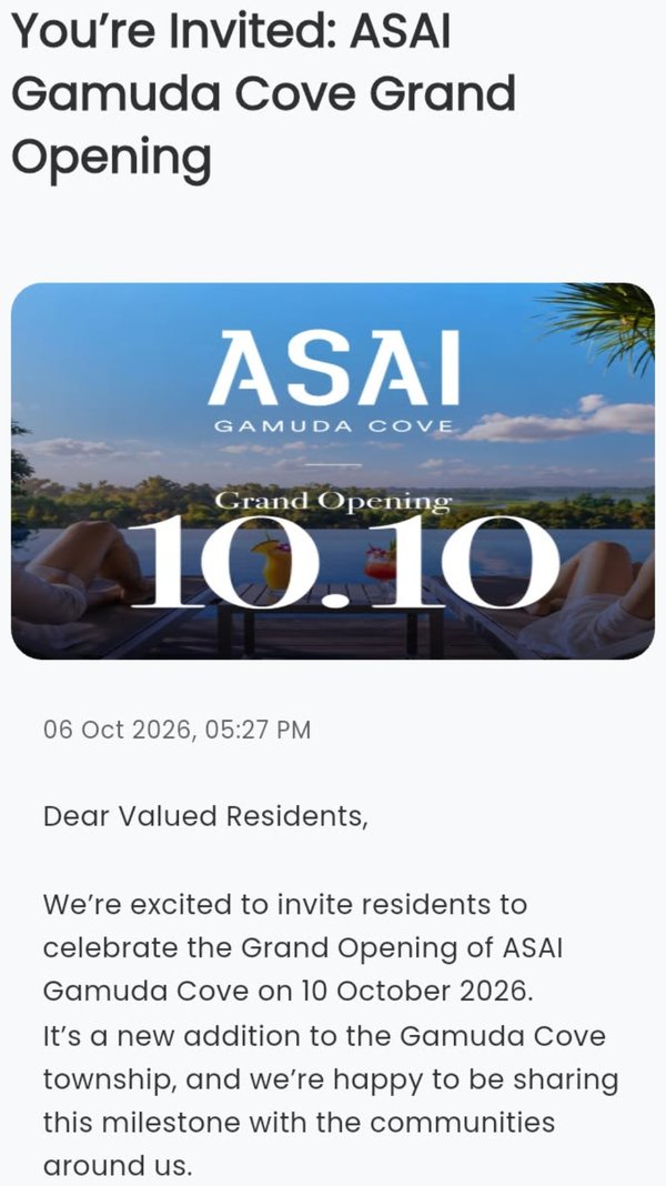 ASAI Gamuda Coveのグランドオープンを知らせる住民向けの招待状。日付は10.10
