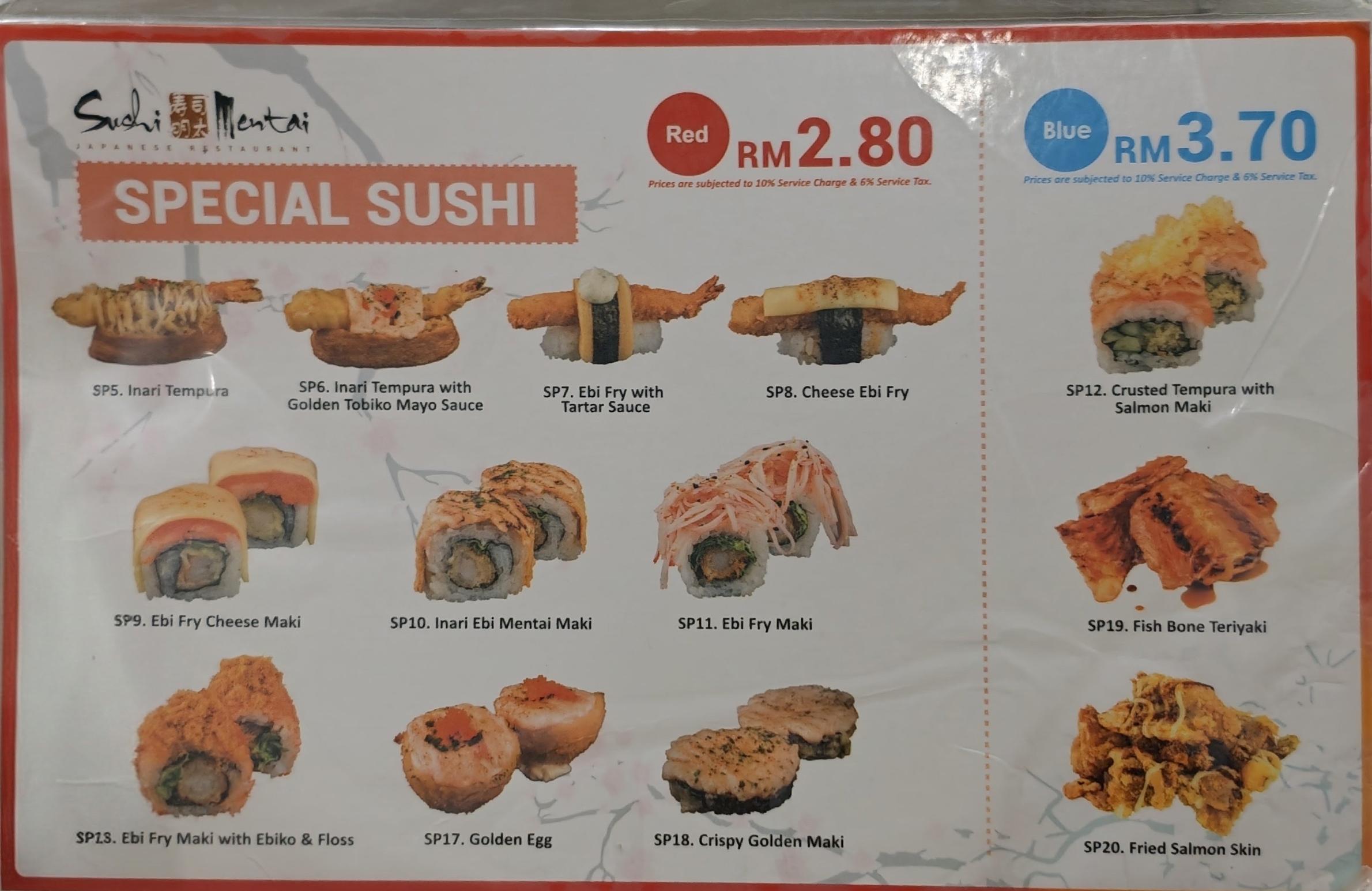 The special sushi menu, red plates at RM2.80 and blue at RM3.70
